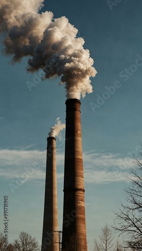 Industrial smokestacks emitting pollution into the sky.