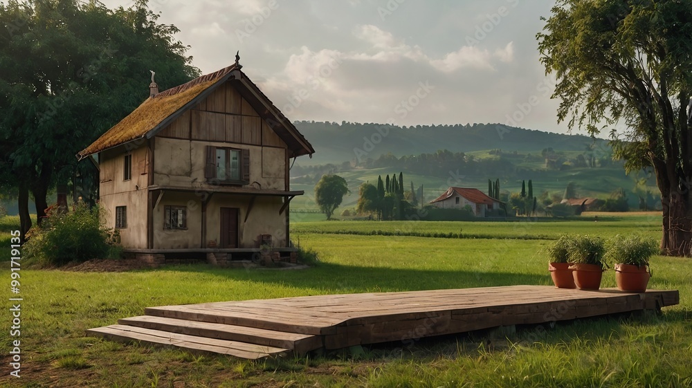 Obraz premiumPhoto Best Empty podium against a green farm background for product presentation ai
