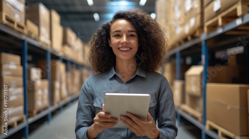 Manager at storage warehouse and holding clipboard or digital tablet