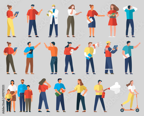 Set of working people on topic of energy supply, diverse men and women icons. Teacher in face mask, family with children, workers in production, man with battery in hand. Flat design people characters