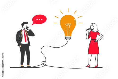 concept of teamwork in generating ideas, Two business people climbing the stairs to the light bulb. Generate unique business ideas and approaches. flat vector illustration on white background.