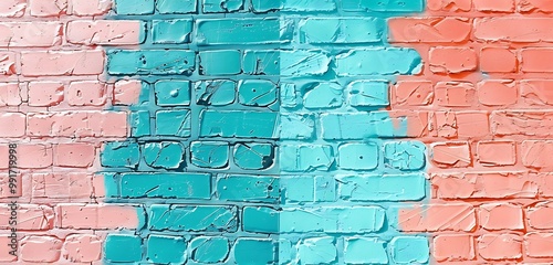 Crystal brick wall background, half painted in turquoise and half in coral pink, abstract dual-color combination. photo