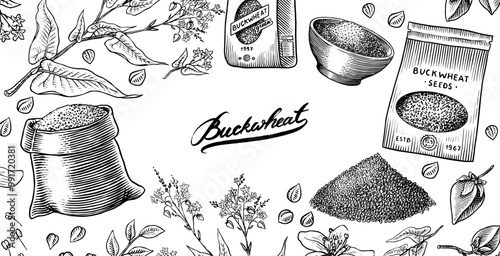  Collection of buckwheat. Engraved, hand drawn plant and buckwheat groats. Grass cereal crops outline icon set vector illustration. Ink and clipart style. Line hand drawing agriculture.
