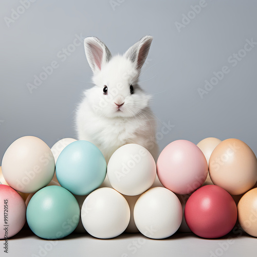 Fluffy White Bunny Surrounded by Vibrant Easter Eggs - Celebrating Easter Joy and Festivities