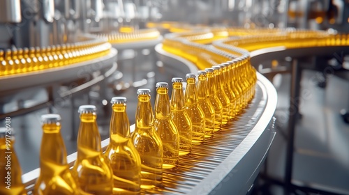 A close-up of amber bottles on a conveyor belt in a modern beverage manufacturing facility. photo