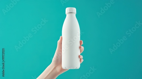 A hand holding a sleek, white bottle against a vibrant turquoise background, showcasing a minimalist design perfect for modern lifestyles. photo