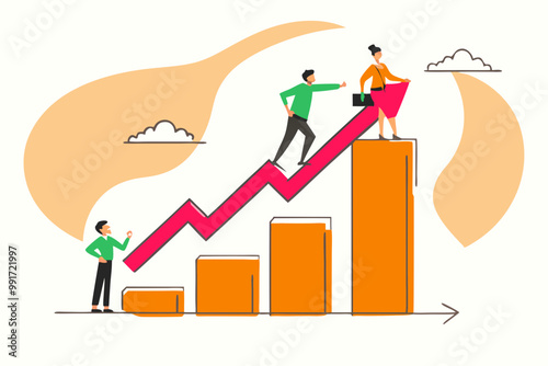 man and woman climbs the career ladder. up the gear mechanism. Businessman climbs a stack of coins and money, the concept of education, career, the concept of getting a big salary. reading success