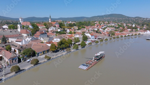 
European flood aerial view: Szentendre (Hungary) mobile flood protection walls defend.