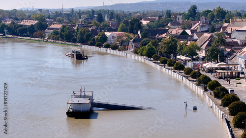 
European flood aerial view: Szentendre (Hungary) mobile flood protection walls defend.