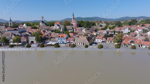 
European flood aerial view: Szentendre (Hungary) mobile flood protection walls defend.