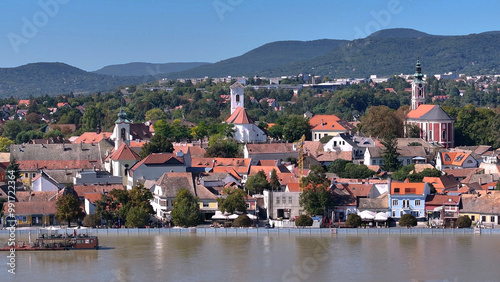 
European flood aerial view: Szentendre (Hungary) mobile flood protection walls defend.