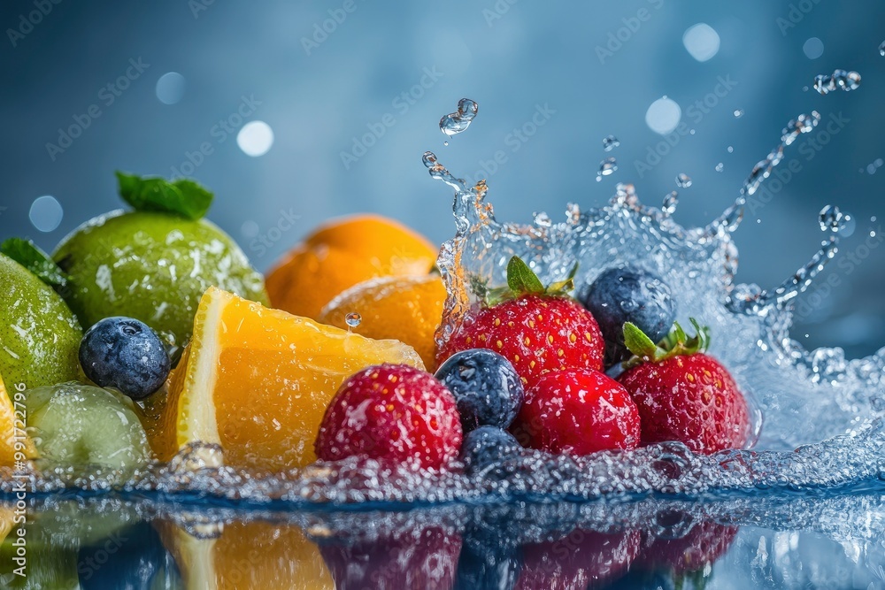 Fresh fruits with water splash on blue background, closeup. Healthy food geneative ai Fresh fruits with water splash on blue background, closeup. Healthy food geneative ai
