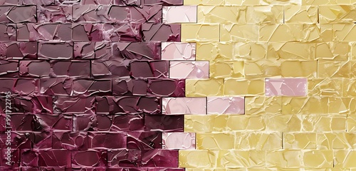 Abstract crystal brick wall, half in maroon and half in pastel yellow, elegant flat lay texture. photo