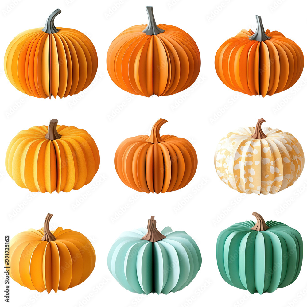 Colorful set of nine paper-cut style pumpkins in various shades, perfect for fall and Halloween design projects and decorations. Colorful set of nine paper-cut style pumpkins in various shades, perfect for fall and Halloween design projects and decorations.