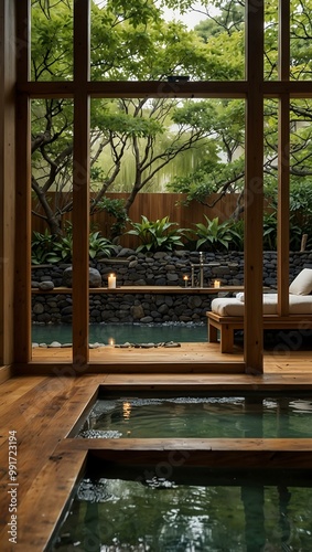 Japanese-style spa garden with warm wooden flooring and a hot spring bath.