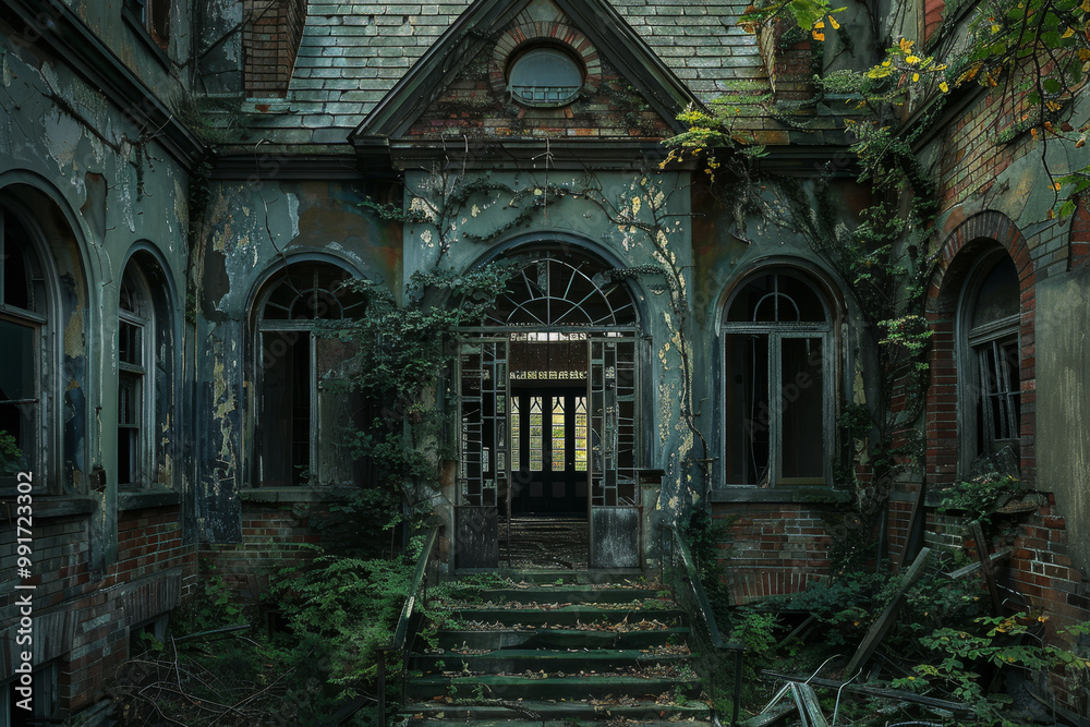 The front of an old abandoned building with a lot of ivy growing on it The front of an old abandoned building with a lot of ivy growing on it