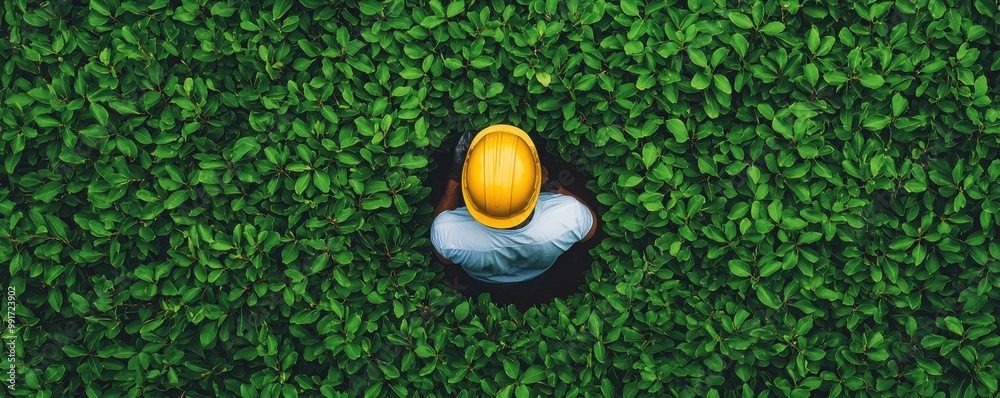 Naklejka premium A worker in a yellow hard hat stands amidst lush green foliage, emphasizing nature and ecology.