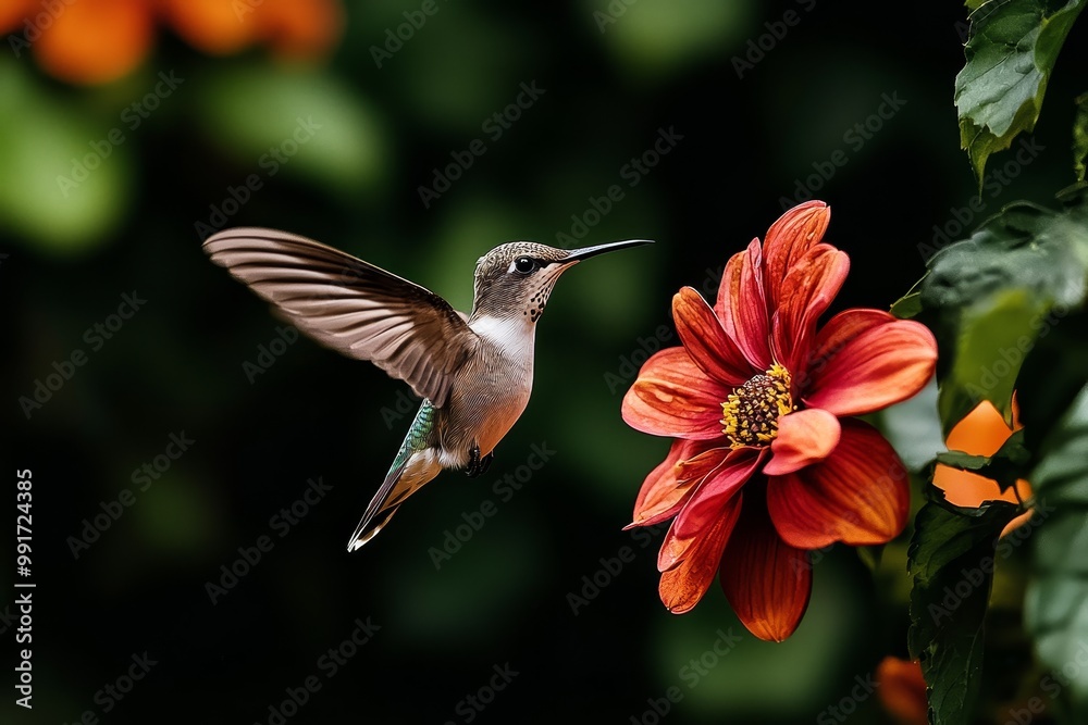 Obraz premium Vibrant Hummingbird in Flight Closeup of Magical Bird Near Red Flower in Garden - Serene Nature Scene