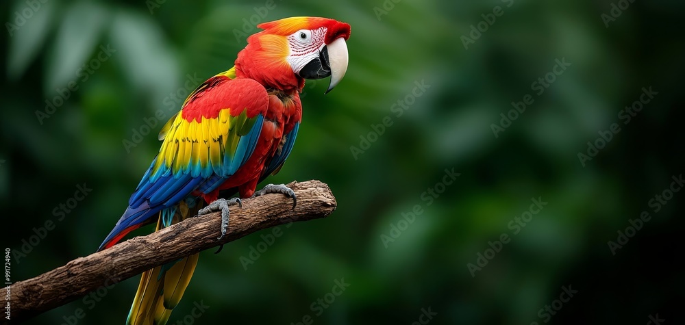 Vibrant Scarlet Macaw Closeup in Lush Tropical Habitat - Exotic Bird with Colorful Plumage Perched on Branch, Serene Forest Background - Wildlife Photography, Nature Documentary, Tranquil Jungle Vibrant Scarlet Macaw Closeup in Lush Tropical Habitat - Exotic Bird with Colorful Plumage Perched on Branch, Serene Forest Background - Wildlife Photography, Nature Documentary, Tranquil Jungle