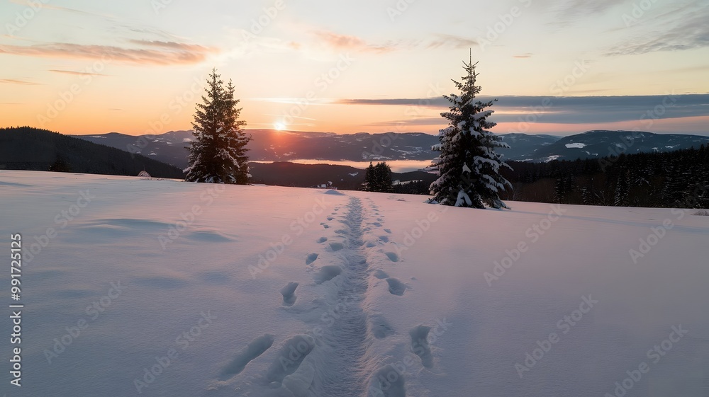 Trail of Footprints in Fresh Snow Under Soft Winter Sunset Trail of Footprints in Fresh Snow Under Soft Winter Sunset