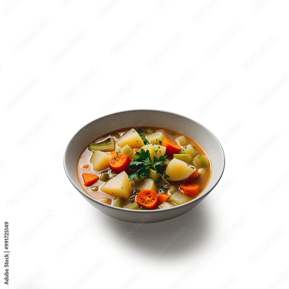 Chunky Vegetable Soup with Fresh Parsley on Transparent Background