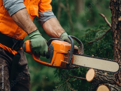 Wallpaper Mural Worker using chainsaw to cut wood in a forest. Safety gear worn for protection. Torontodigital.ca