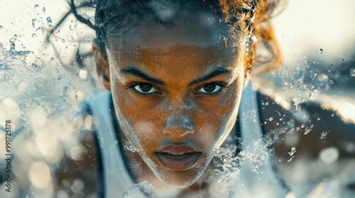 Close-up portrait of a female hurdler mid-jump with intense focus and determination, surrounded by splashing water in a dynamic and captivating sports moment