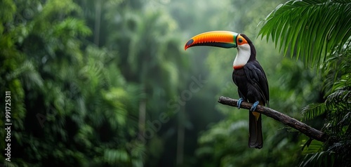 Vibrant Toucan Closeup in Lush Jungle - Tropical Wildlife Paradise with Colorful Beak and Green Foliage - Serene Rainforest Escape