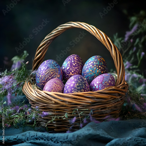 Easter basket adorned in cosmic shades of purple eggs featuring patterns, generative ai