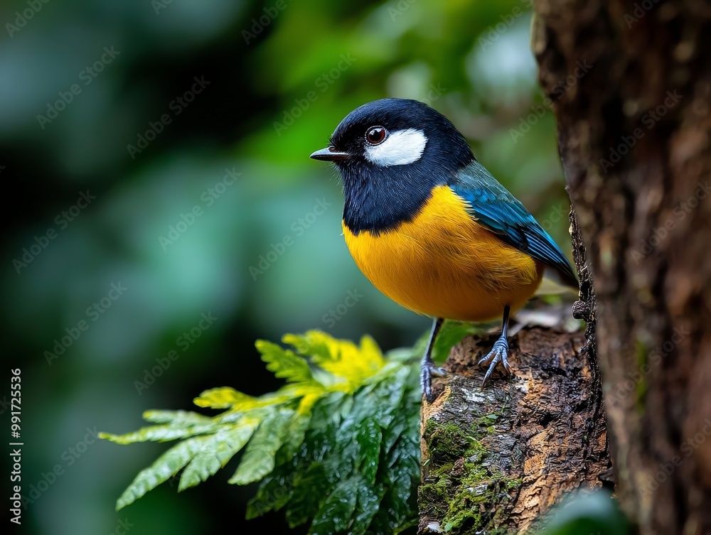 Fototapeta premium Vibrant Yellow Bird Perched on Mossy Tree Branch in Lush Forest - Closeup of Ornithology Beauty, Tranquil Natural Scene Wildlife Photography Concept