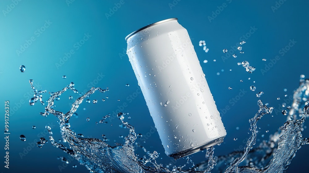 A sleek white can splashes through water, set against a vibrant blue background, creating a refreshing and dynamic visual.