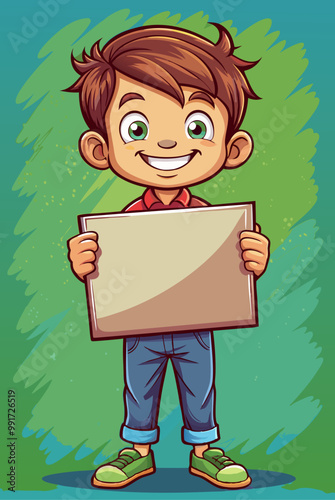 Cute little boy holding blank placard or poster. Board sign with empty space, template for banner
