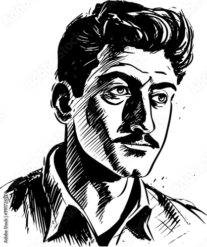 Man portrait in hand drawing or engraving style. 60s styled beautiful comic book character, in black and white