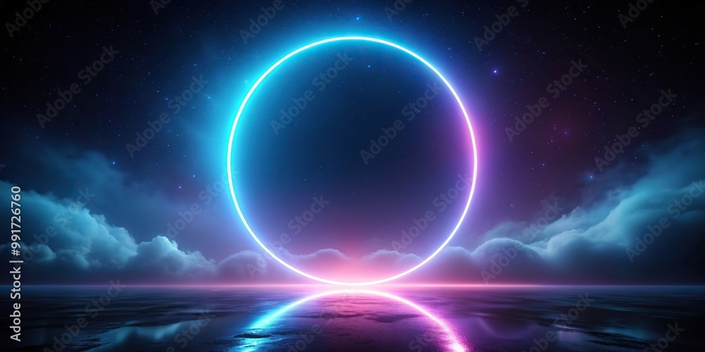 Abstract neon light ring floating in dark night sky with glowing geometric round frame, surreal, space, otherworldly, night sky, concept, glowing, night scene, mysterious, colorful, floating Abstract neon light ring floating in dark night sky with glowing geometric round frame, surreal, space, otherworldly, night sky, concept, glowing, night scene, mysterious, colorful, floating