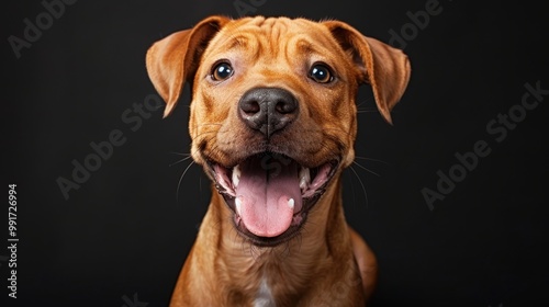 Friendly red dog without pedigree isolated dog on black background