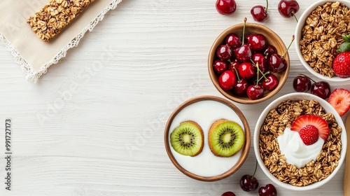 Fresh Granola Breakfast Bowl with Yogurt and Strawberries on White Wooden Surface - Healthy Morning Concept for Food Blog or Social Media