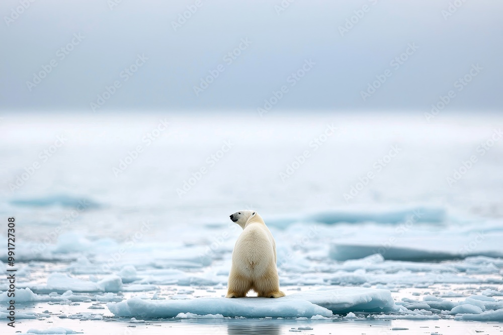 Fototapeta premium Majestic Polar Bear on Arctic Ice Floe, Tranquil Wilderness Landscape in Blue Tones