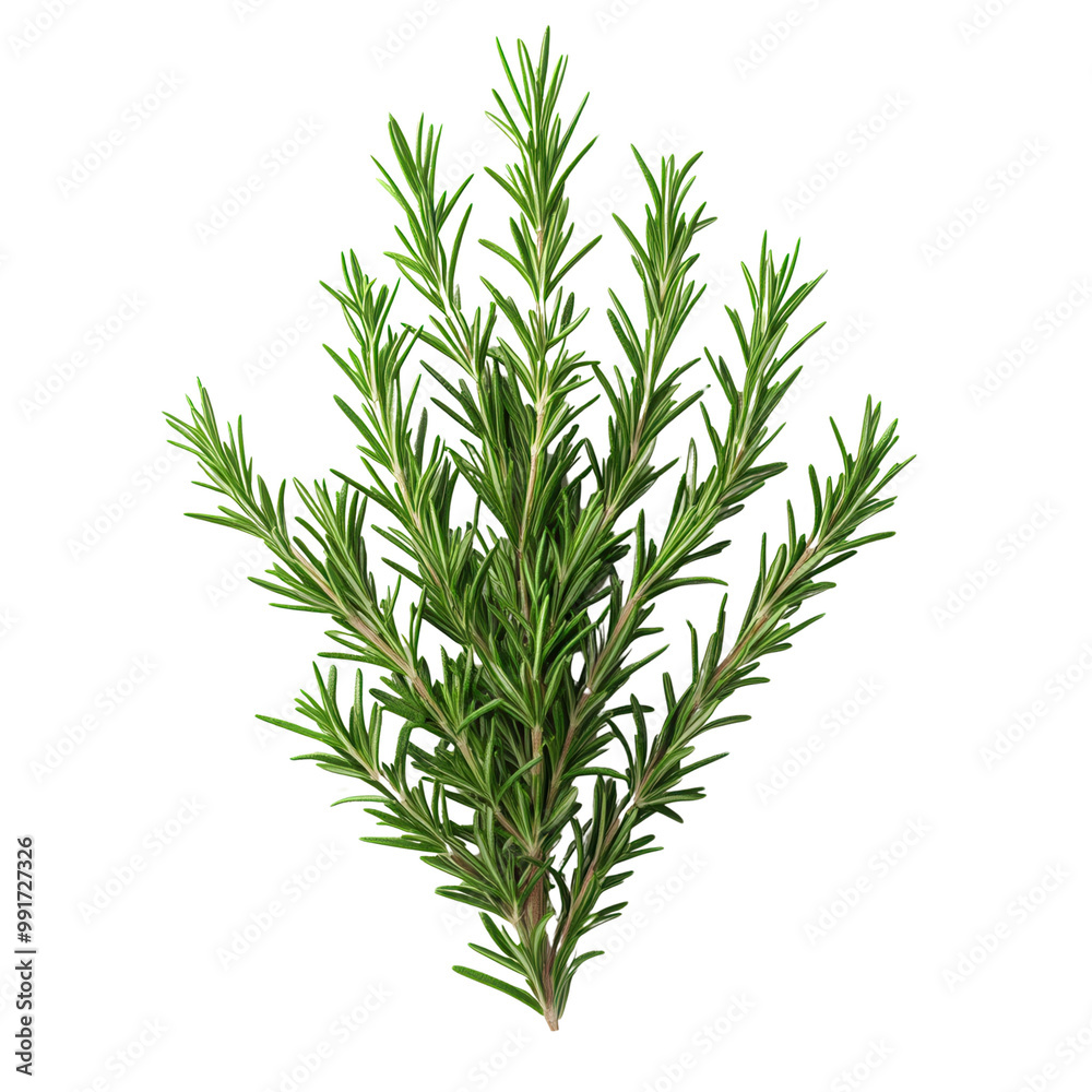 Obraz premium Fresh rosemary sprig isolated on white background. Aromatic herb used in cooking and natural remedies.