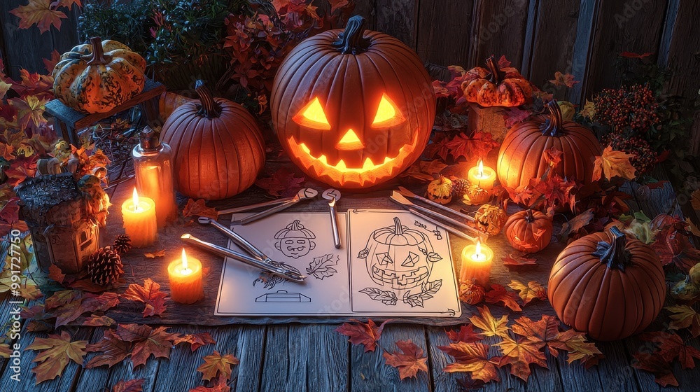 Obraz premium A table with a pumpkin, candles