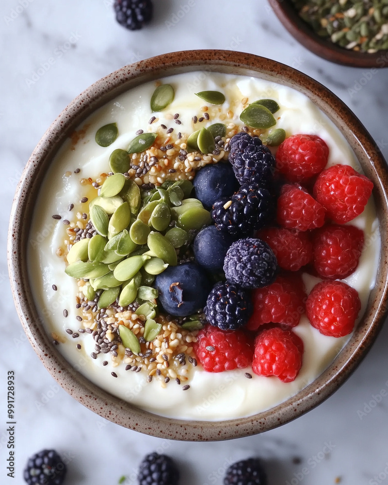 Healthy yogurt bowl with fresh berries, seeds, and oats Healthy yogurt bowl with fresh berries, seeds, and oats