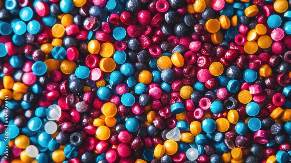 Vivid, high-resolution close-up of a collection of small plastic pellets in assorted bright colors and shapes, Vivid, high-resolution close-up of a collection of small plastic pellets in assorted bright colors and shapes,