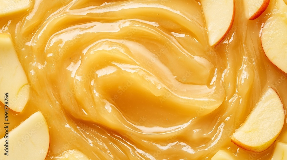 Delicious apple sauce with fresh apple slices in a swirling mixture on a wooden surface Delicious apple sauce with fresh apple slices in a swirling mixture on a wooden surface