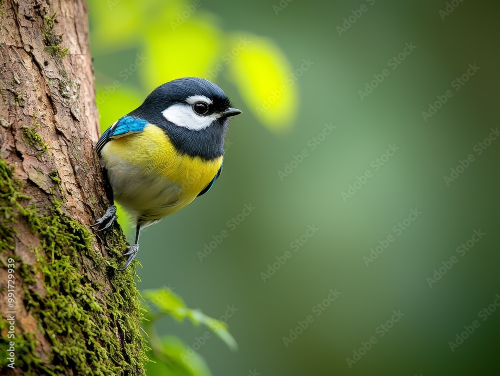 Obraz premium Serene Avian Elegance Closeup of Vibrant Blue Bird on Mossy Tree Trunk in Forest - Peaceful Nature Photography