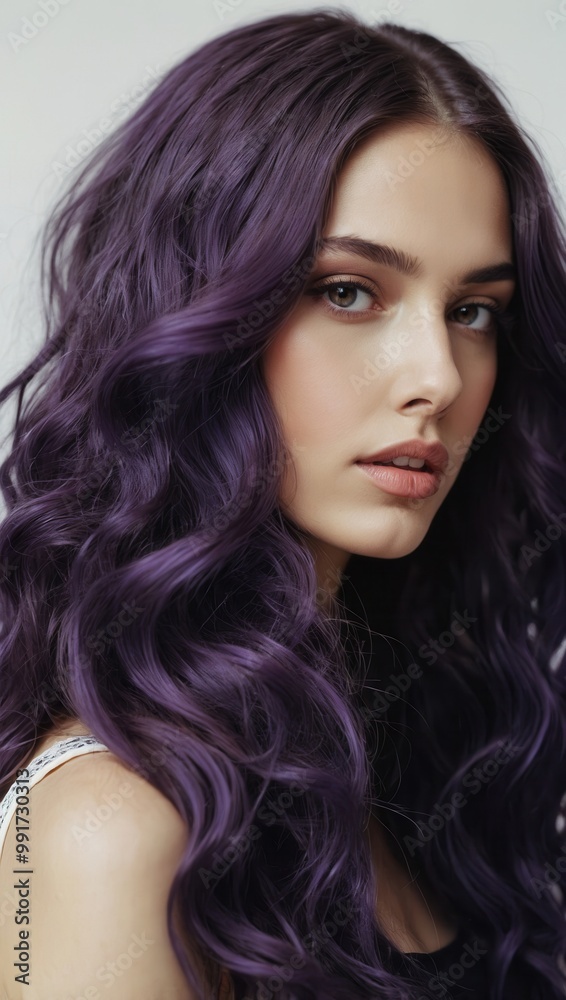 Fototapeta premium Portrait of woman with curly purple hair and neutral expression against muted background