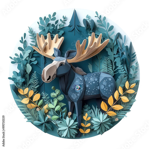 Illustration of a moose in a colorful forest scene with lush foliage and detailed elements, perfect for nature and wildlife themes. photo