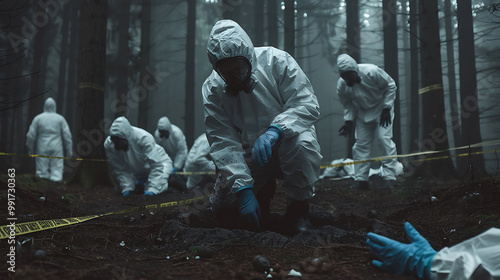 Forensic team in white suits examining a crime scene in the woods