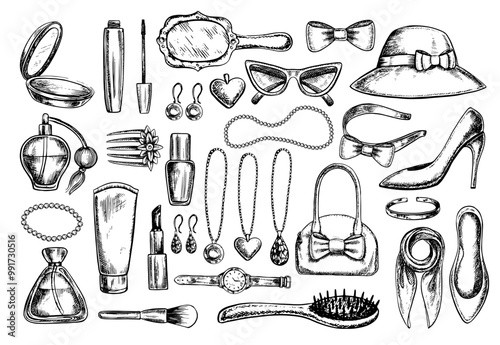 A set of clip art with women's accessories, cosmetics, jewelry, hair clips, and others. Black and white vector graphics made by hand. Illustrations on a white background. For postcards, packaging 