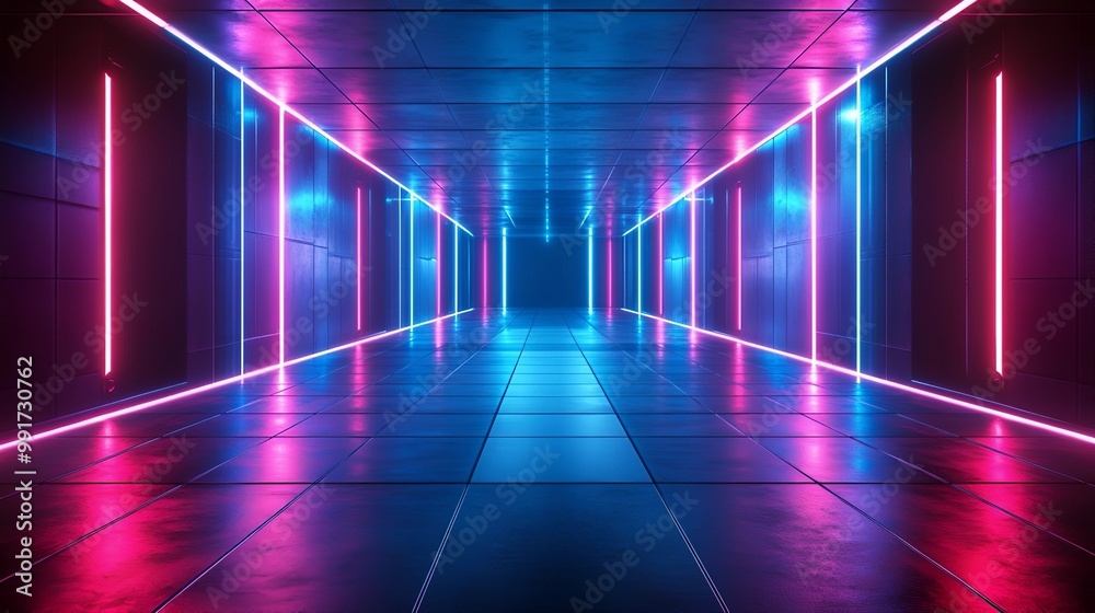 A vibrant, futuristic hallway illuminated with neon lights in blue and pink hues, showcasing a sleek, modern design. A vibrant, futuristic hallway illuminated with neon lights in blue and pink hues, showcasing a sleek, modern design.