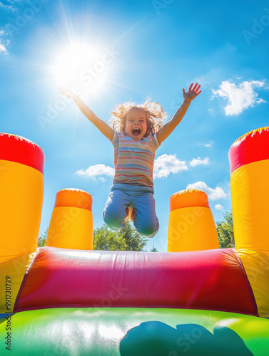 A joyous child leaps in mid-air on a colorful bounce house under a bright blue sky, capturing pure, carefree happiness.