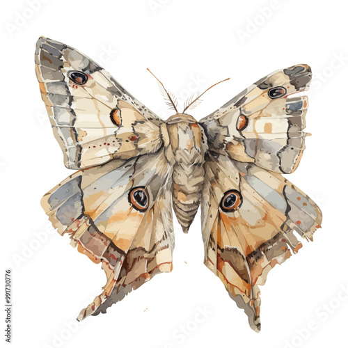 Watercolor painting of moth, isolated on a white background, and moth vector